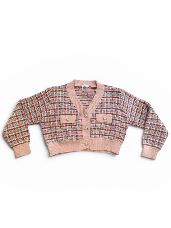 airspace Sweaters - Cropped Pink Plaid Knit Cardigan with Decorative Buttons